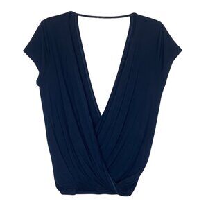 NEW Chaser Navy Soft Knit Faux Wrap Elastic Waist Double Surplice Top Sz. M
